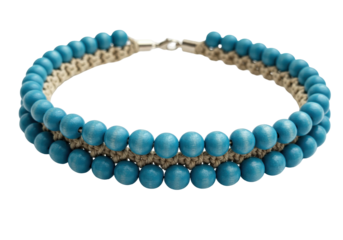 Isolated beaded necklace on display, three strands of round blue beads, boho jewelry item