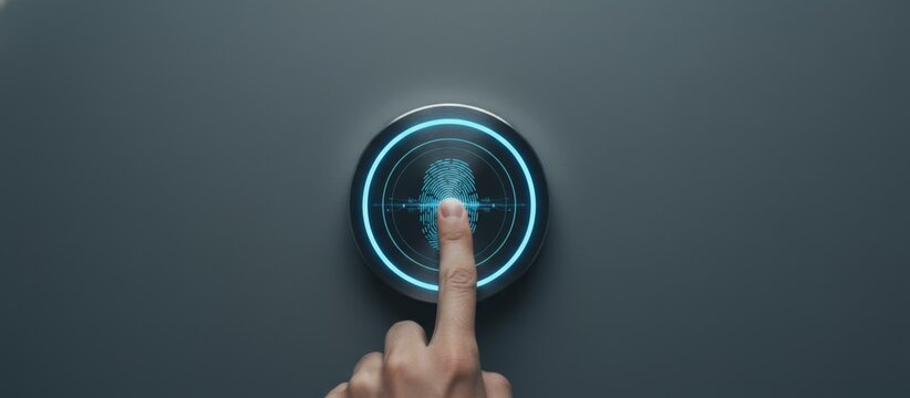Finger pressing glowing fingerprint scanner on dark gray surface, authenticating identity for secure access and data protection using biometric technology - Powered by Adobe
