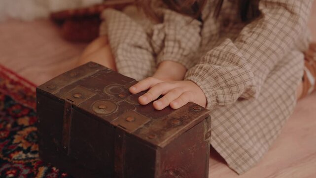 closeup of a child opening and closing an old wooden treasure chest with maps inside