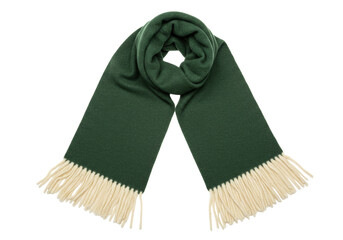 Isolated green wool scarf with fringe, warm winter accessory, soft apparel, cozy wrap