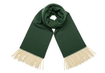 Isolated green wool scarf with fringe, warm winter accessory, soft apparel, cozy wrap