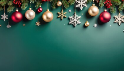 Christmas decorations featuring ornaments and snowflakes on a green background seasonal event festive environment close-up view holiday concept for visual appeal