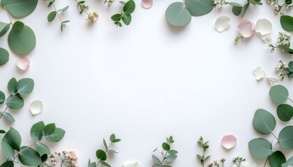 Elegant flat lay of eucalyptus leaves and delicate flower petals forming a natural frame on a clean white background with ample copy space