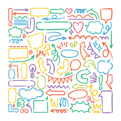 Colored arrows crayon doodle chalk icons set. Multicolored handdrawn doodles arrows, speech, bubbles, clouds, hearts, zigzags, stars. Grunge scribble chalk marker drawing, chalk smears. Vector 