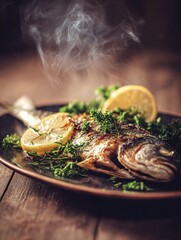 Steaming grilled fish with lemon and herbs on rustic wood