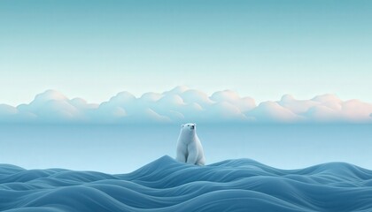 Lone polar bear on blue ice waves: arctic wildlife, minimalist style, environmental awareness, conservation