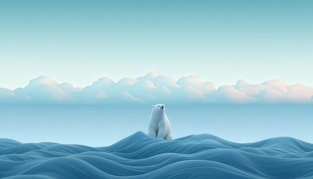 Lone polar bear on blue ice waves: arctic wildlife, minimalist style, environmental awareness, conservation - Powered by Adobe