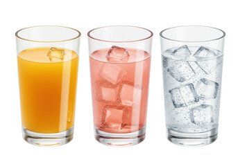 Isolated glasses of orange juice, pink drink, and ice water, refreshing beverages, drinks