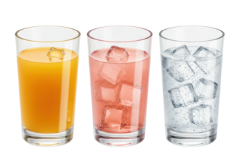 Isolated glasses of orange juice, pink drink, and ice water, refreshing beverages, drinks
