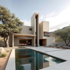 Modern desert house with swimming pool and minimalist architecture