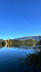 Lake Bled Slovenia, church on an island in the middle of the lake