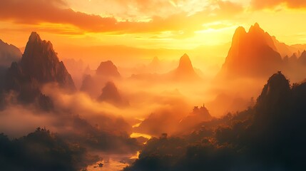 Dramatic Mountain Valley with River and Orange Sunrise Haze sunset photo