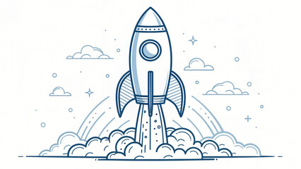 Vintage cartoon rocket spaceship illustration, launching from floor toward the stars and planet in the sky