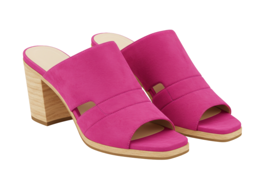 Isolated pair of magenta-pink women's platform-heel slip-on shoes, fashionable and summery