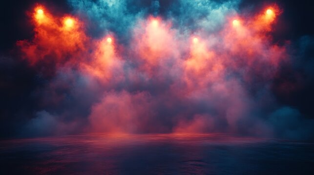 Dramatic Stage Lighting with Orange Hues and Smoke spotlights photo