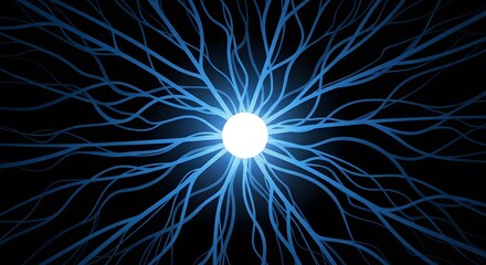 Human brain neural connection concept, Abstract Blue Light Burst on Black Background, Energy Radiating