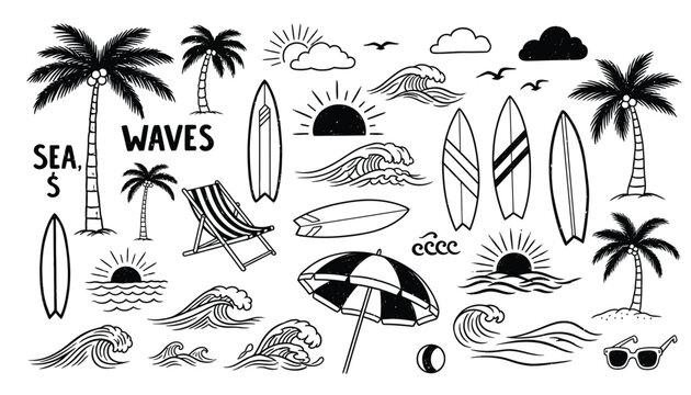Hand drawn tropical beach scene elements featuring palm trees surfboards waves and sunsets