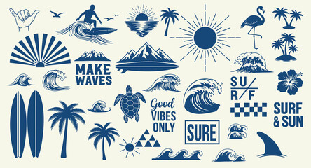 Retro surf and tropical beach elements collection for apparel and design © Sakib