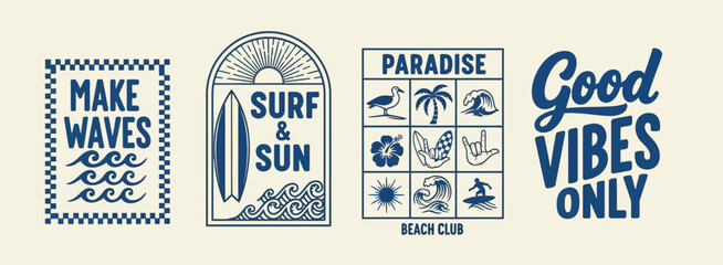 Retro surf and beach themed graphic designs with inspiring text and icons