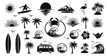 Collection of tropical beach and surf icons featuring sunsets palm trees and ocean waves © Sakib