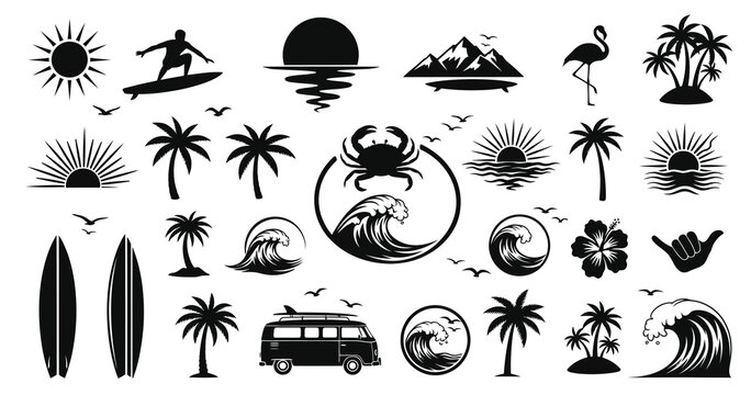 Collection of tropical beach and surf icons featuring sunsets palm trees and ocean waves