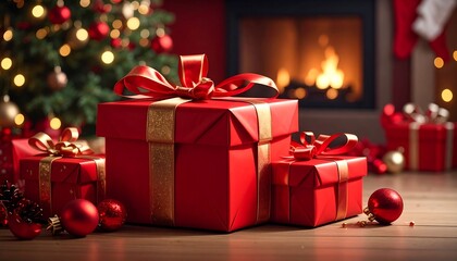 Red and gold wrapped gifts near fireplace and bokeh-lit tree on a warm wood floor