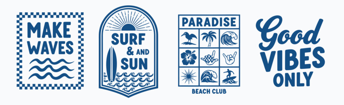 Collection of four vintage style surf and beach themed graphic designs with inspirational text