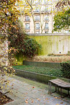 Geometric garden composition in autumn featuring a pathway, concrete walls, and vegetation reflecting landscape design trends in an urban park free of no people