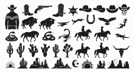 Collection of western cowboy and desert silhouette icons and graphics