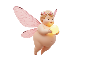 Isolated chubby cherubic fairy flying with glowing orb, small wings, holding light, illustration
