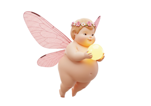 Isolated chubby cherubic fairy flying with glowing orb, small wings, holding light, illustration