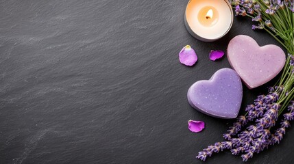 Close-up view of heart-shaped soaps infused with lavender and rose petals, accompanied by a candle and flower branches on a dark slate surface, creating a serene ambiance