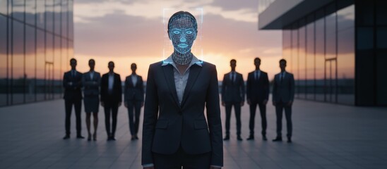 Businesswoman with a digital wireframe face showing biometric identification while standing with her diverse business team in front of modern office buildings at sunset