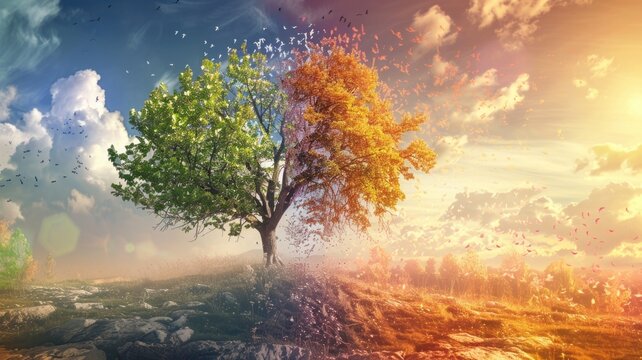 Dream where tree depicting four seasons with dramatic sky and foliage transformation