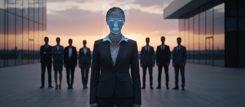Businesswoman with a digital wireframe face showing biometric identification while standing with her diverse business team in front of modern office buildings at sunset - Powered by Adobe