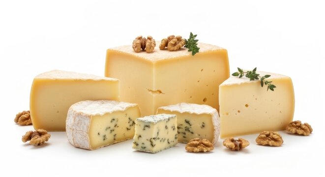 Assorted cheese cuts decorated with walnuts and herbs on a white background
