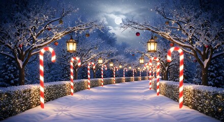 Magical christmas candy cane lane: snowy winter wonderland with festive lights and moonlit path for holiday advertising