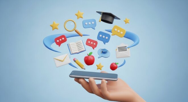 Hand holding smartphone with educational icons for online learning concept