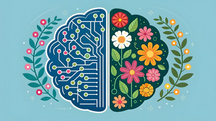 Brain divided into digital circuits and colorful flowers
