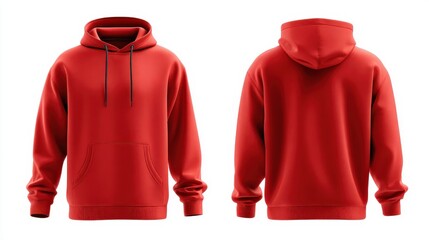 Front and back view of a red hoodie isolated on white background