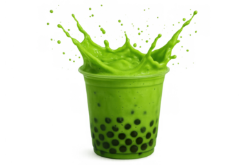Matcha bubble tea drink splashing in a clear plastic cup filled with tapioca pearls. Refreshing beverage