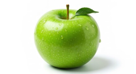Bright green apple with leaf & water droplets against a stark white background