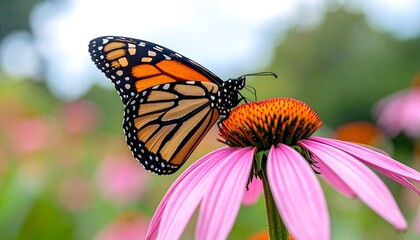 Fototapeta premium Monarch butterfly rests on a pink coneflower, wings open, set against a blurred green backdrop of foliage