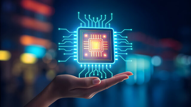Glowing microchip hovering above hand in futuristic scene
