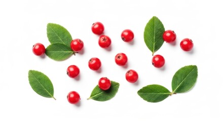 Bright red berries and green leaves scattered on a white background