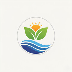 Abstract logo design with sun green leaves and water waves vector illustration for nature environment or wellness concepts