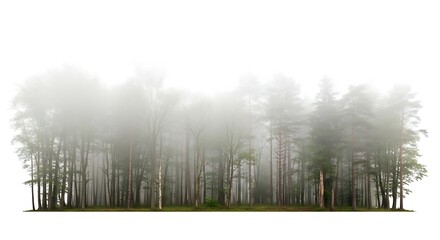 Ethereal misty forest scene with tall trees shrouded in soft fog creating a serene and mysterious natural landscape