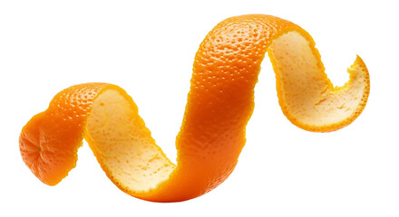 Orange peel isolated on transparent background, a spiral of citrus fruit rind on white