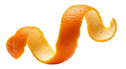 Orange peel isolated on transparent background, a spiral of citrus fruit rind on white