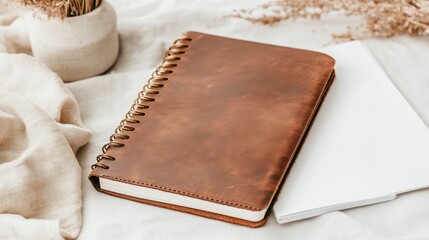 A brown leather notebook with a gold spiral binding rests on a table alongside white paper. Dried grass in a vase and beige linen fabric provide a soft, neutral backdrop infused with natural light